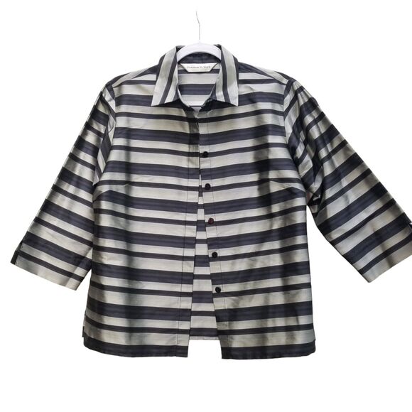 Preston & York Jackets & Blazers - Preston & York Women Silk Boxy 3/4 Sl Collared Striped Silver Black Jacket Sz S